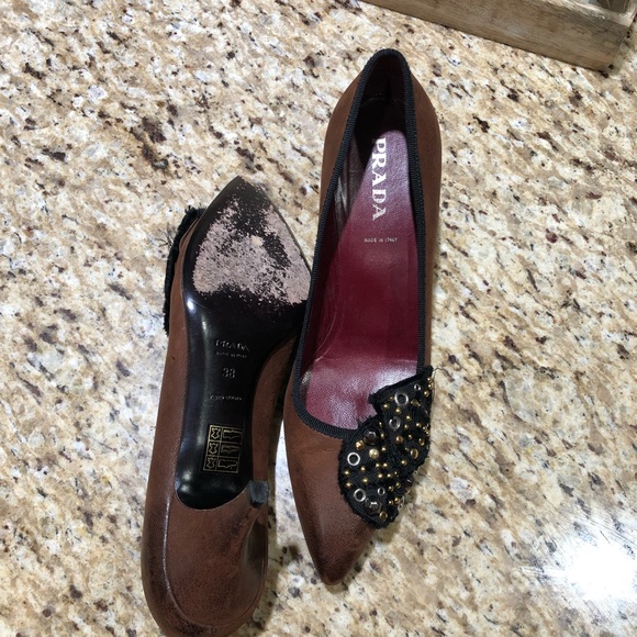 Prada Brown Black Pointed Toe Sequin Stud Rhinestone Embellished Pumps 38 - Picture 11 of 11